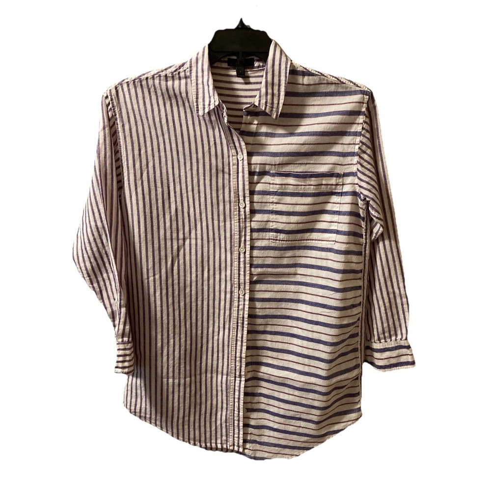 J CREW Beach Shirt Striped Linen Cotton Blend Navy White Size S Coastal Beachy